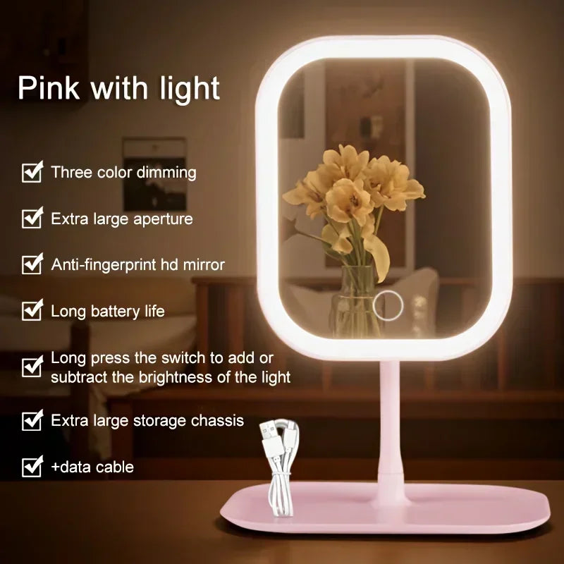 A pink LED touch makeup mirror with a large oval frame and a light pink base.