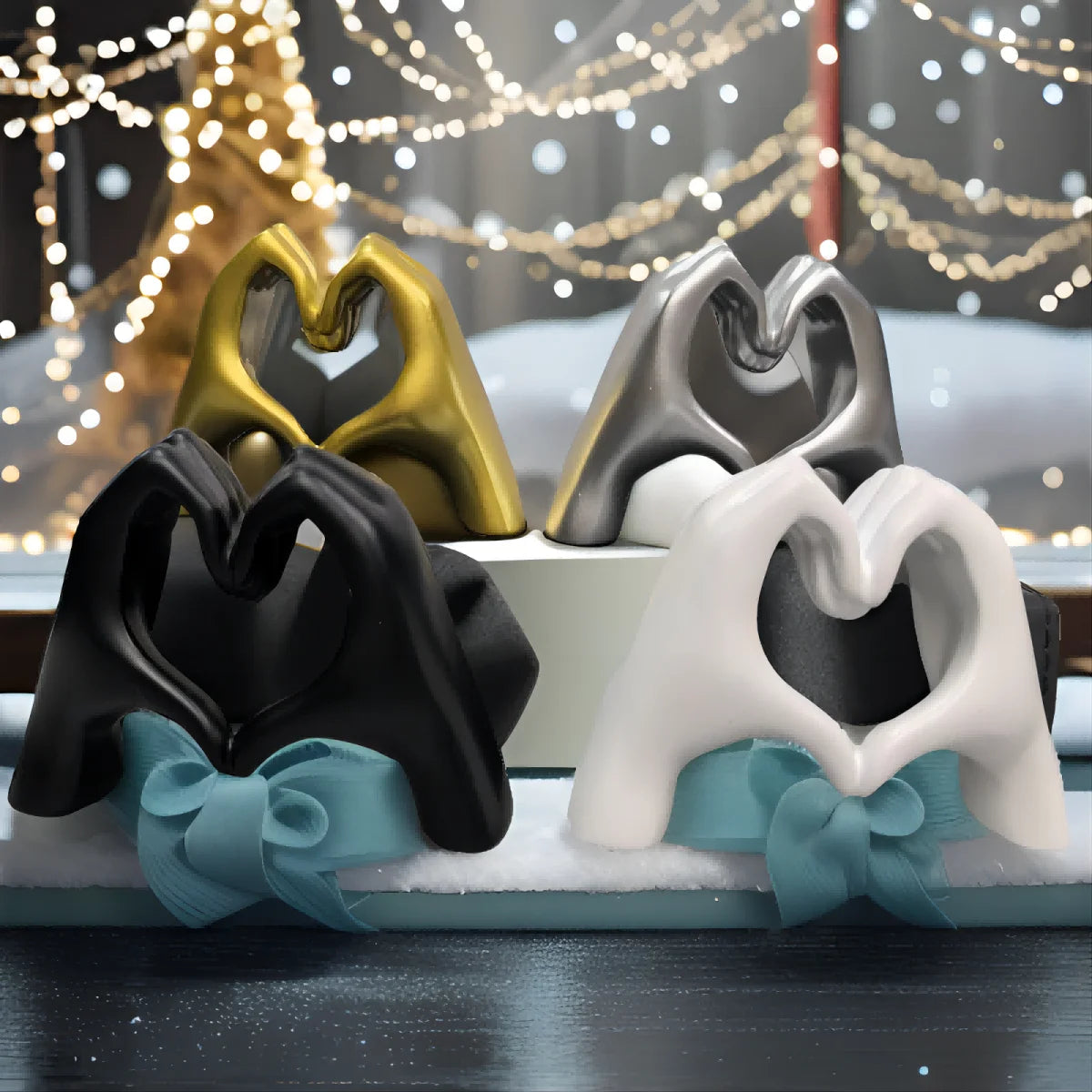 A display of gold, silver, and black heart hand gesture sculptures for home decor.