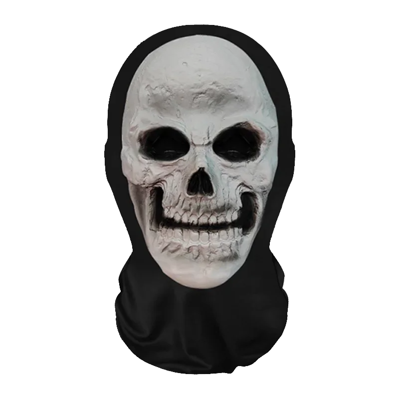 A realistic horror mesh balaclava mask shaped like a human skull, displayed against a black background.