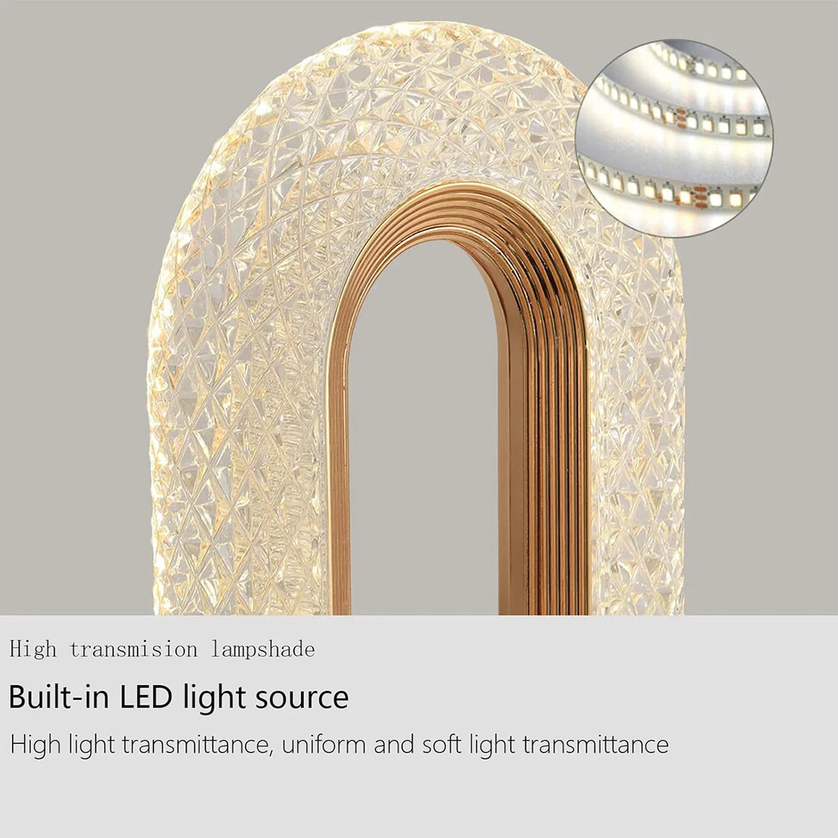 A high transmission lampshade featuring a textured crystal pattern and vertical wooden slats, with an inset showing the light