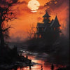 A dramatic painting of a dark gothic castle silhouetted against an orange sunset over a reflective body of water.