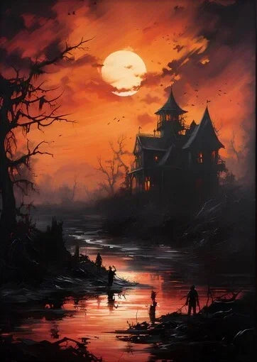 A dramatic painting of a dark gothic castle silhouetted against an orange sunset over a reflective body of water.