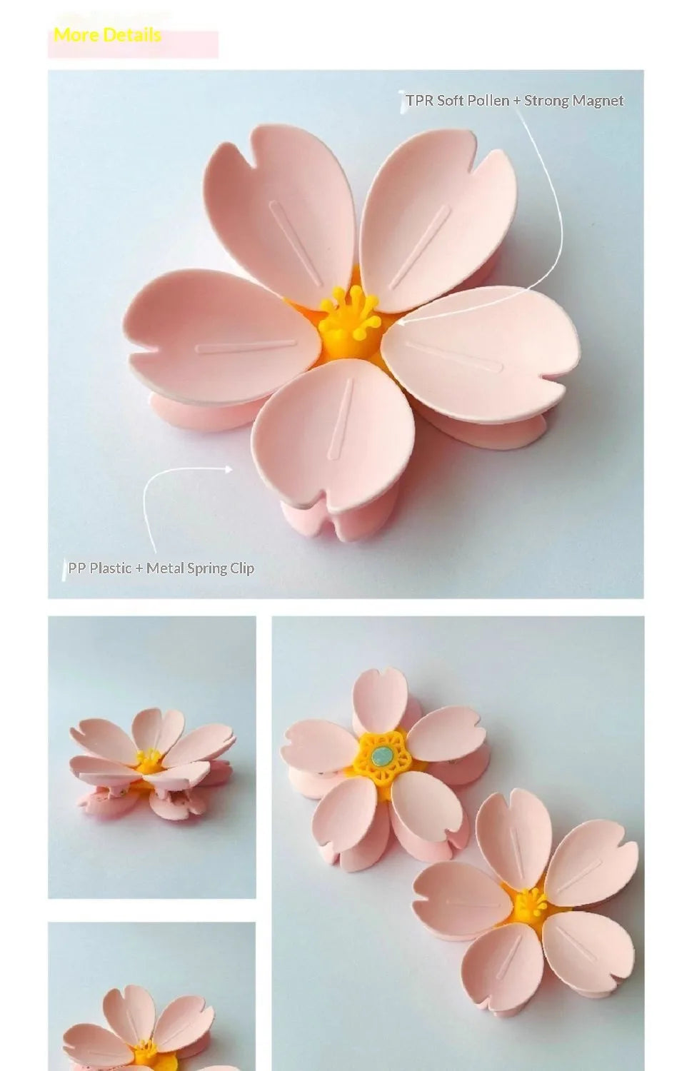 Pink magnetic cherry blossom sealing clips with a gold center and petal shapes