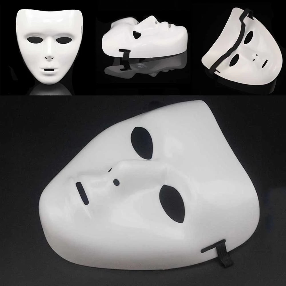 A white performance mask for dance or cosplay, shown in various angles.