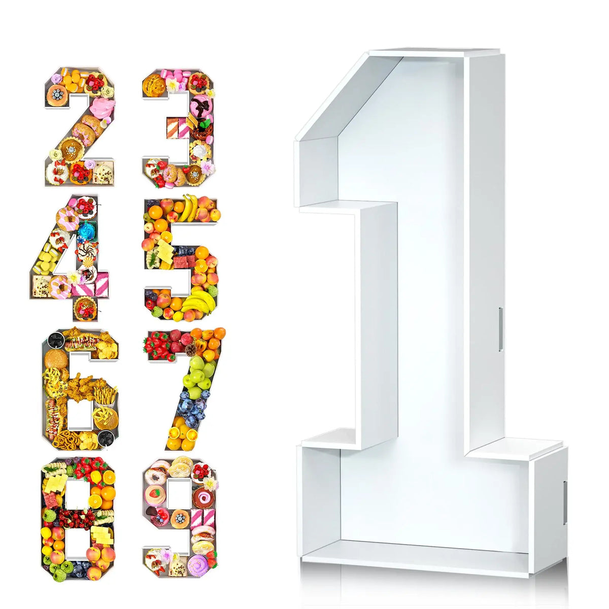 A set of colorful cardboard numbers 23456789 and a large number 1 displayed on a white stand.