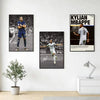 A gallery wall featuring three black and white sports posters of Kylian Mbappé in soccer uniforms.
