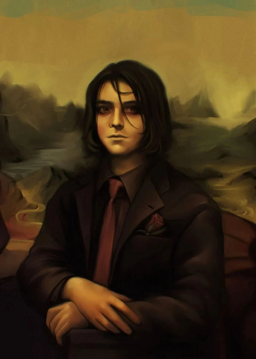 A portrait of a young man with dark hair and intense eyes wearing a dark suit, set against a muted, atmospheric background.