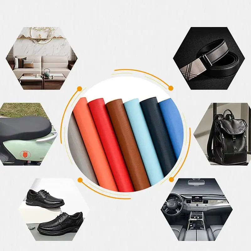 Various self-adhesive PU leather repair patches and automotive interior components are displayed in various angles.