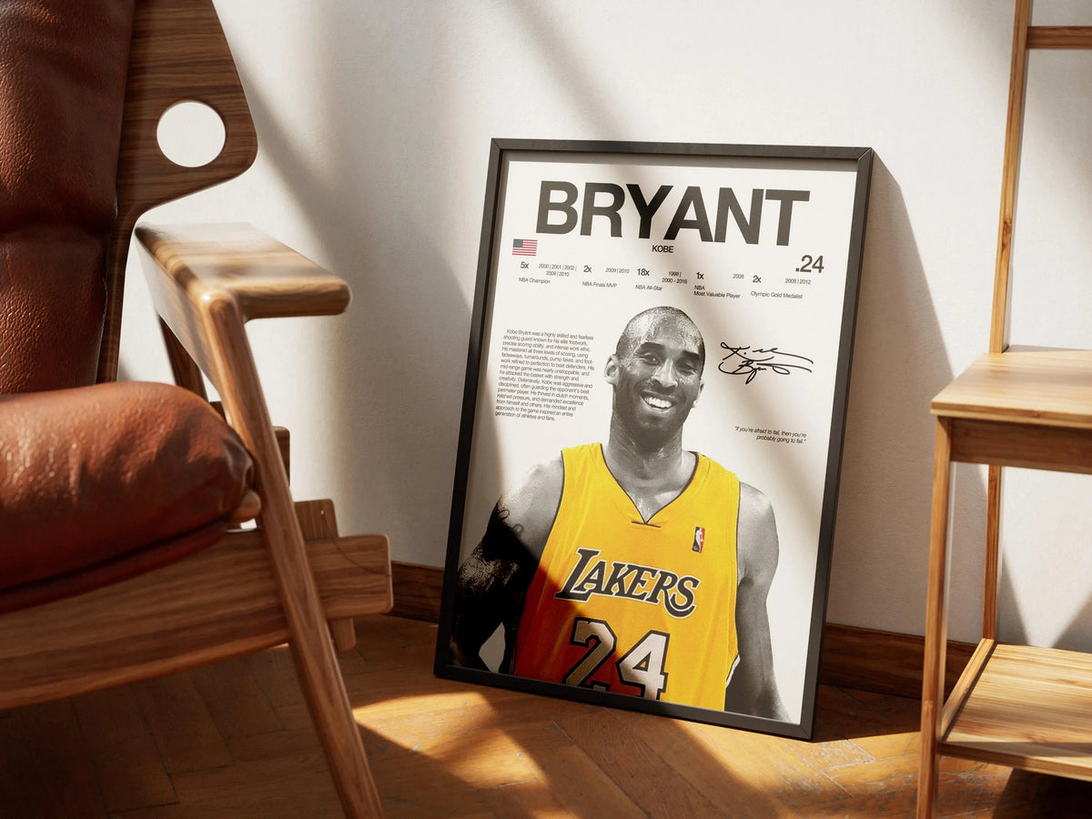 A framed canvas wall art poster featuring a portrait of Bryant with the text BRYANT and 24.