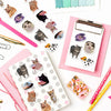 A collection of cartoon cat reward stickers in various colors and designs is displayed on a white background.