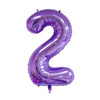 A purple foil balloon shaped like the number two for celebrations.