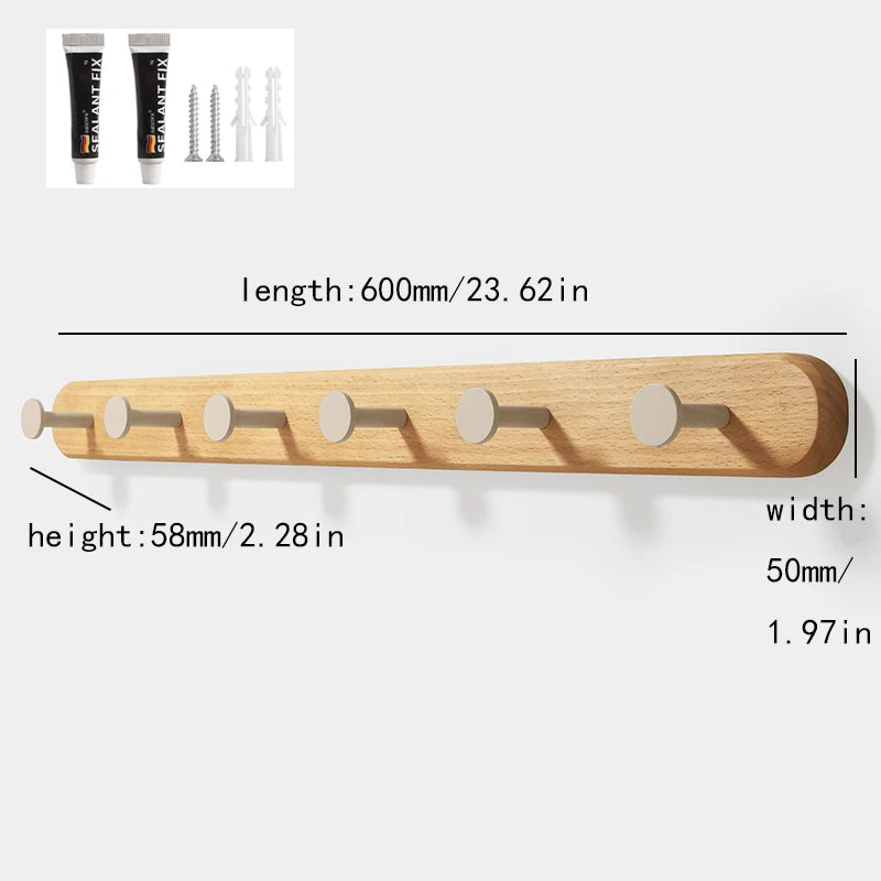 Solid beech wood wall hook rack with four wooden hooks shown in a horizontal view.