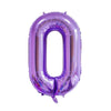A purple foil number balloon shaped like the digit zero