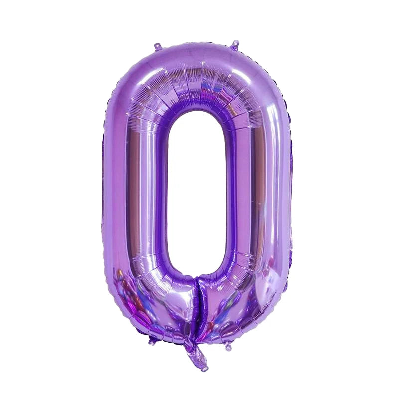 A purple foil number balloon shaped like the digit zero