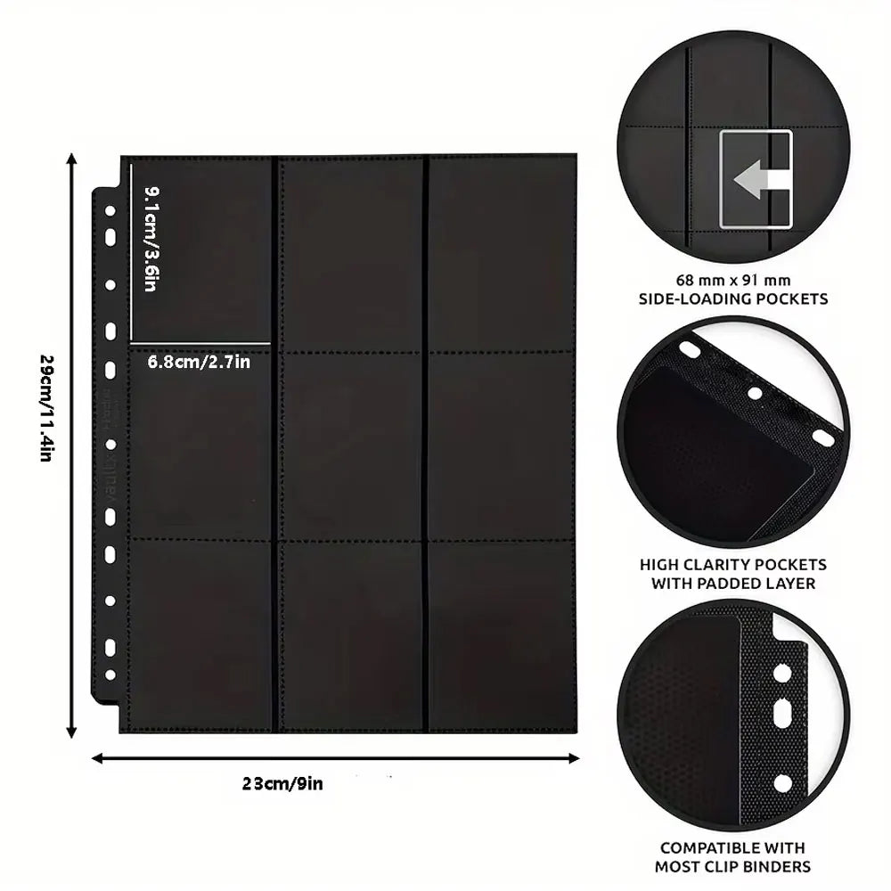 Black acid-free trading card refill pages for 3-ring binders with various pocket sizes and compatibility features