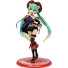 A PVC collectible figurine of Hatsune Miku in a purple and black outfit with green hair.