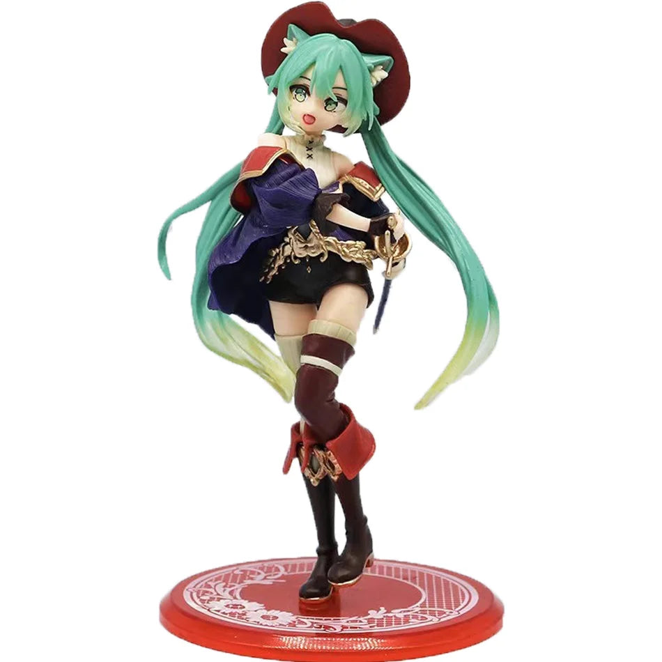 A PVC collectible figurine of Hatsune Miku in a purple and black outfit with green hair.