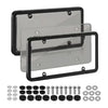 A universal license plate frame with mounting brackets and various screws for cars and trucks.