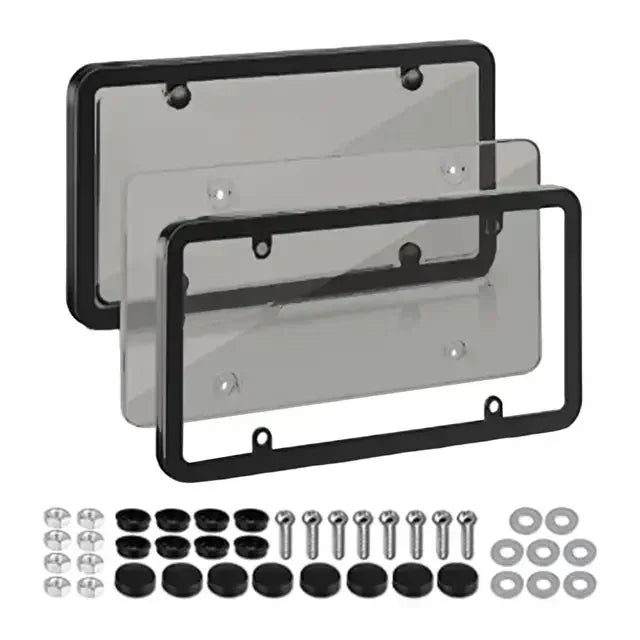 A universal license plate frame with mounting brackets and various screws for cars and trucks.