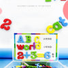 A set of magnetic letter paste and numbers showing words like world, cat, and equations like 1+1 and 2+3=6