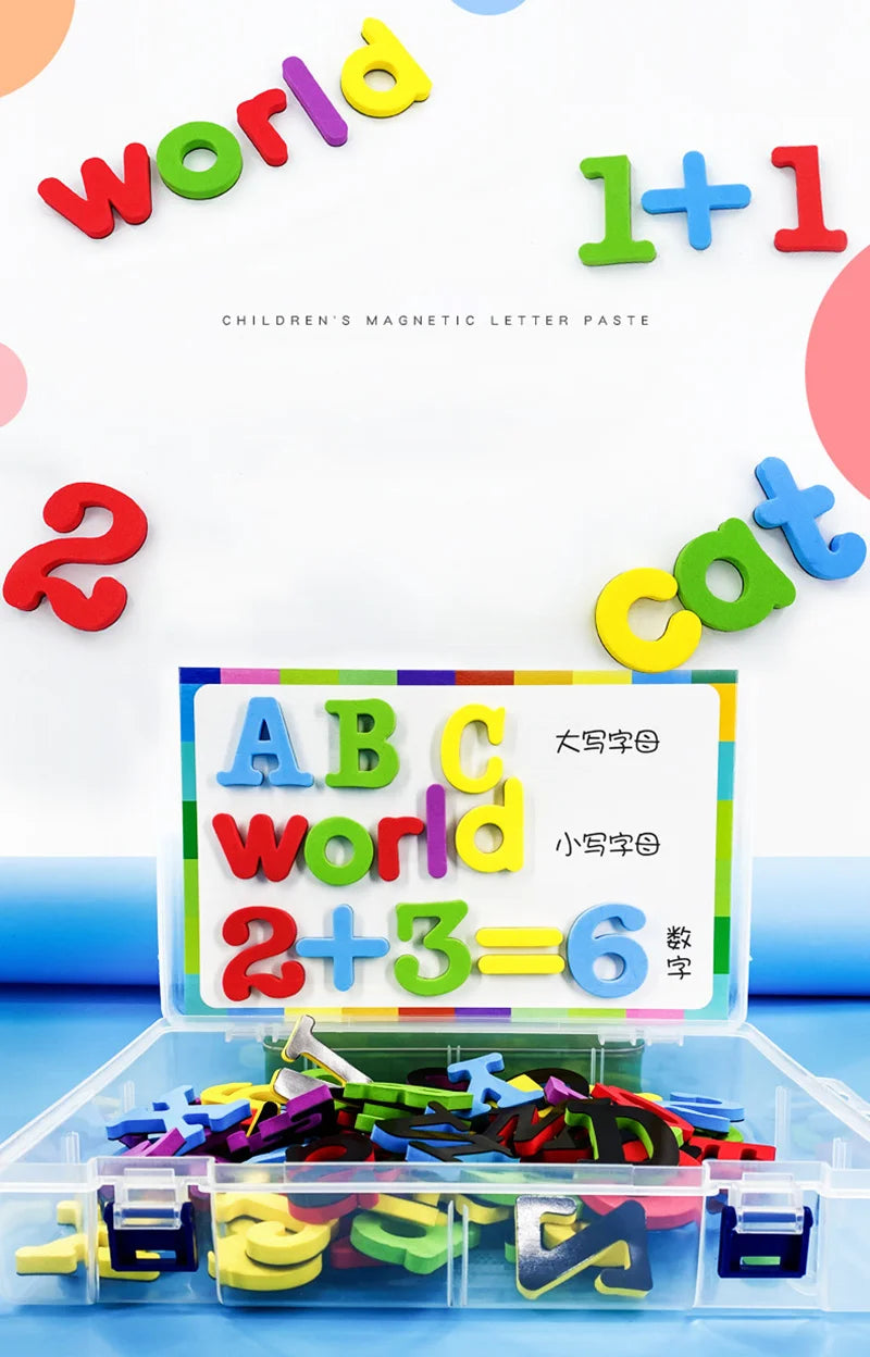 A set of magnetic letter paste and numbers showing words like world, cat, and equations like 1+1 and 2+3=6