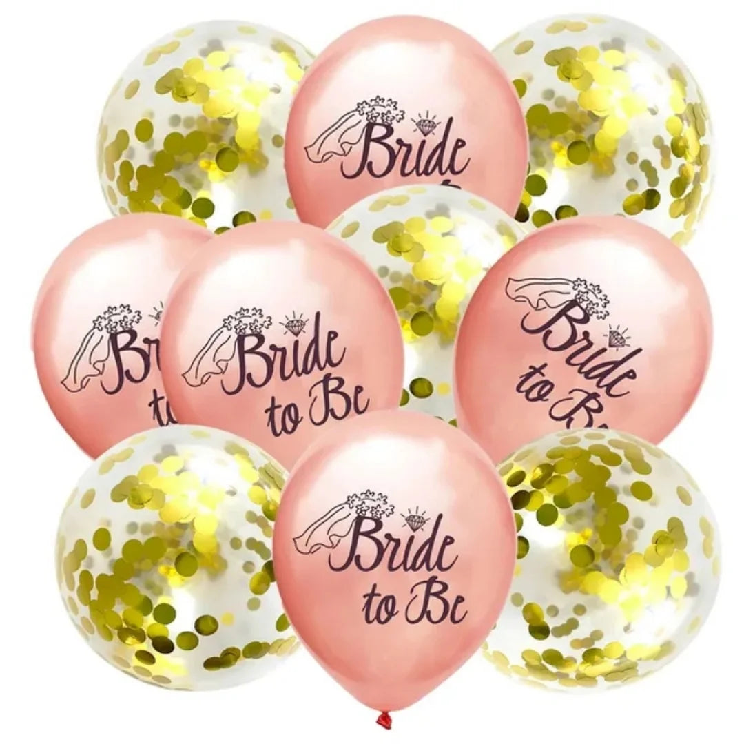 A pack of ten rose gold latex confetti balloons with bride themes and gold glitter accents