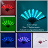 A multi-mode LED party fan shown in various colors and lighting modes, including red, green, blue, and purple.