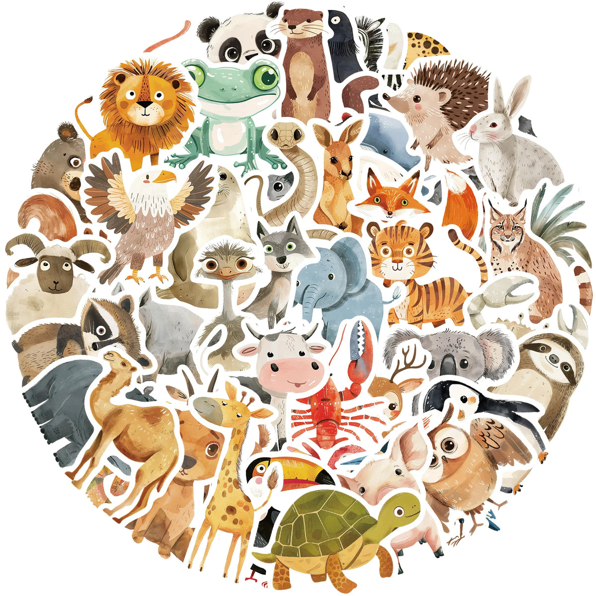 A circular arrangement of various animal stickers including lions, monkeys, elephants, and various mammals.