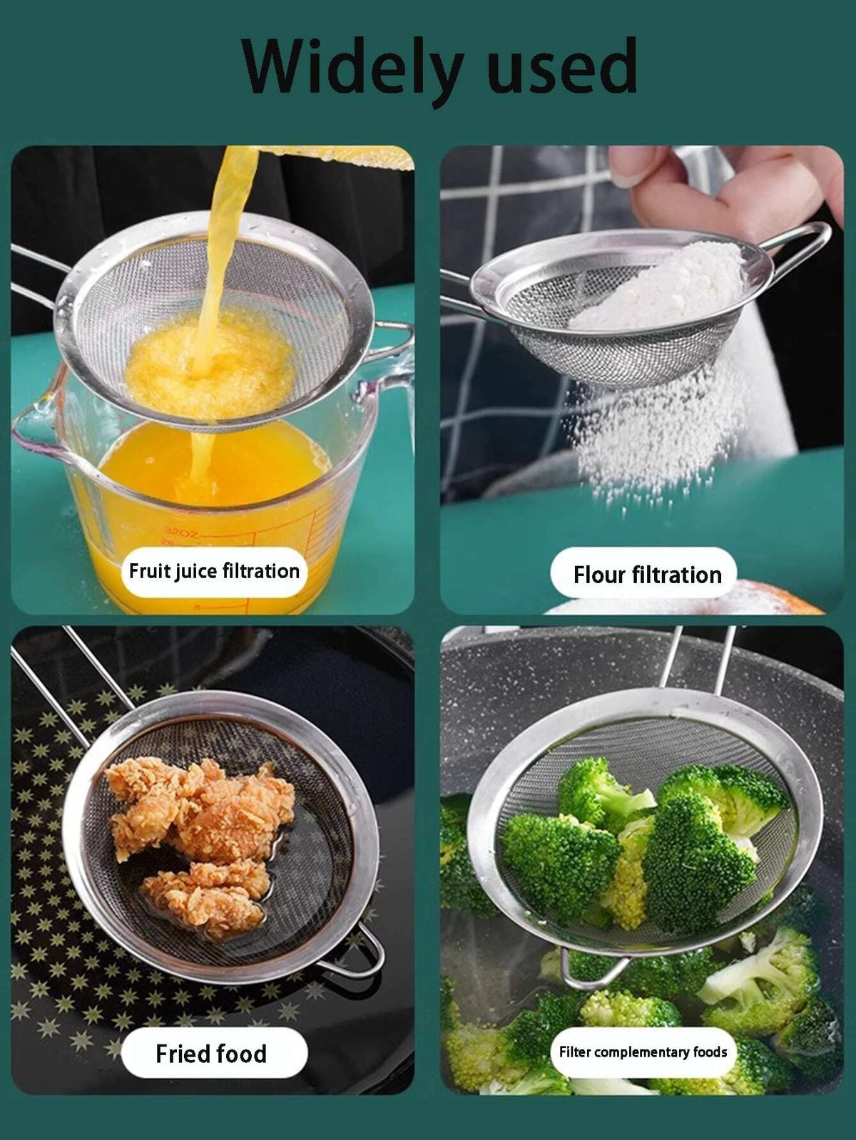 Three stainless steel colanders and strainers demonstrating fruit juice filtration, flour filtration, fried food preparation,