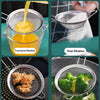 Images showing the widely used applications of a set of stainless steel colanders and strainers for fruit juice, flour, fried