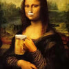 Oil painting of a woman with a white mustache holding a glass in a landscape setting
