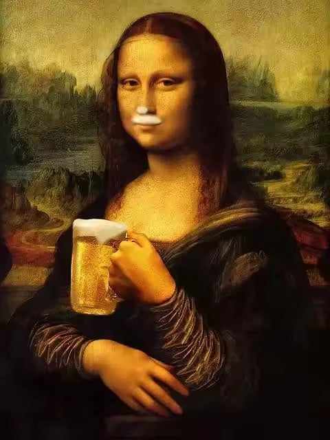 Oil painting of a woman with a white mustache holding a glass in a landscape setting