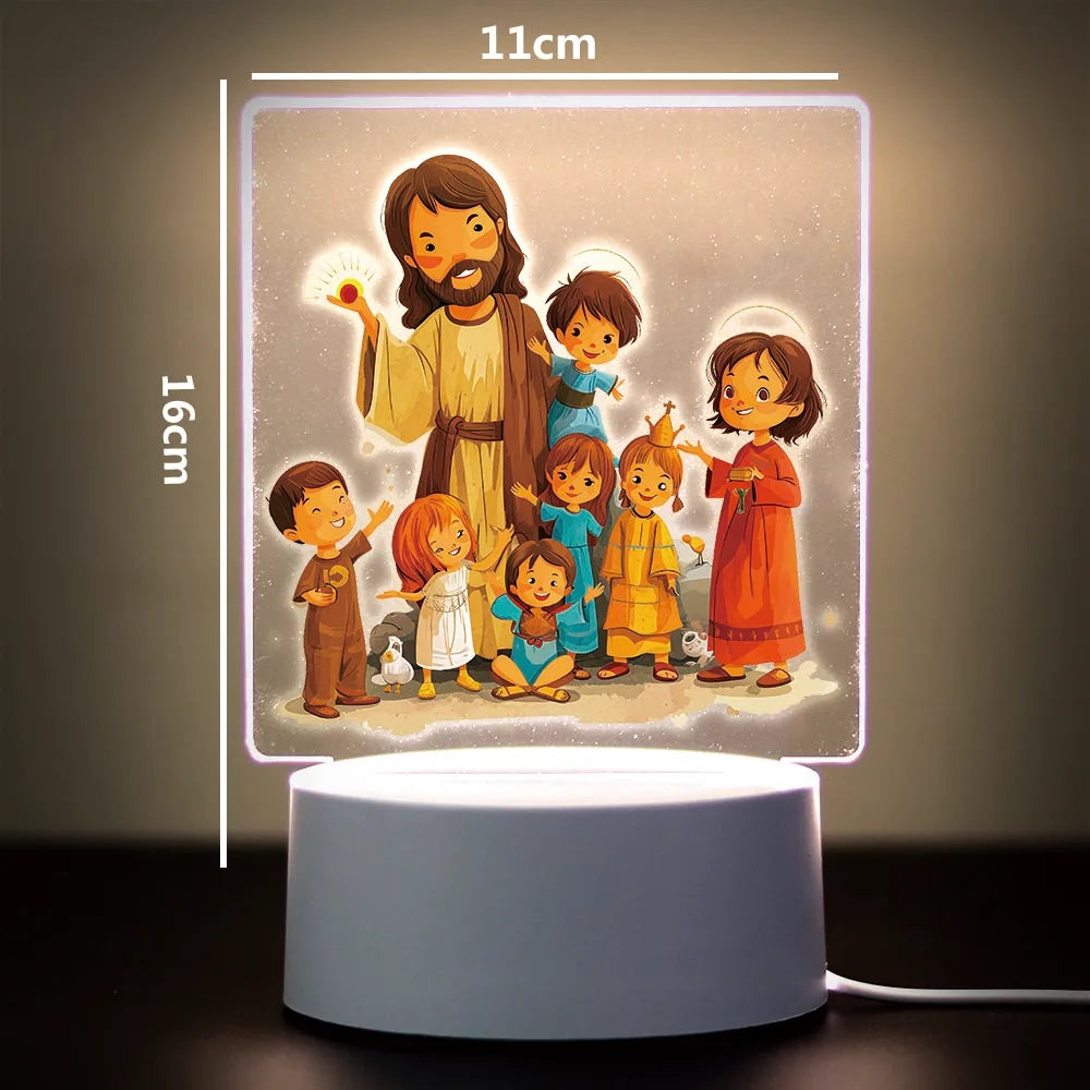 A 3D LED night light featuring a depiction of Jesus and children on a square panel.