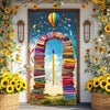 A vibrant vinyl backdrop banner featuring an arched doorway decorated with colorful books and floral arrangements.