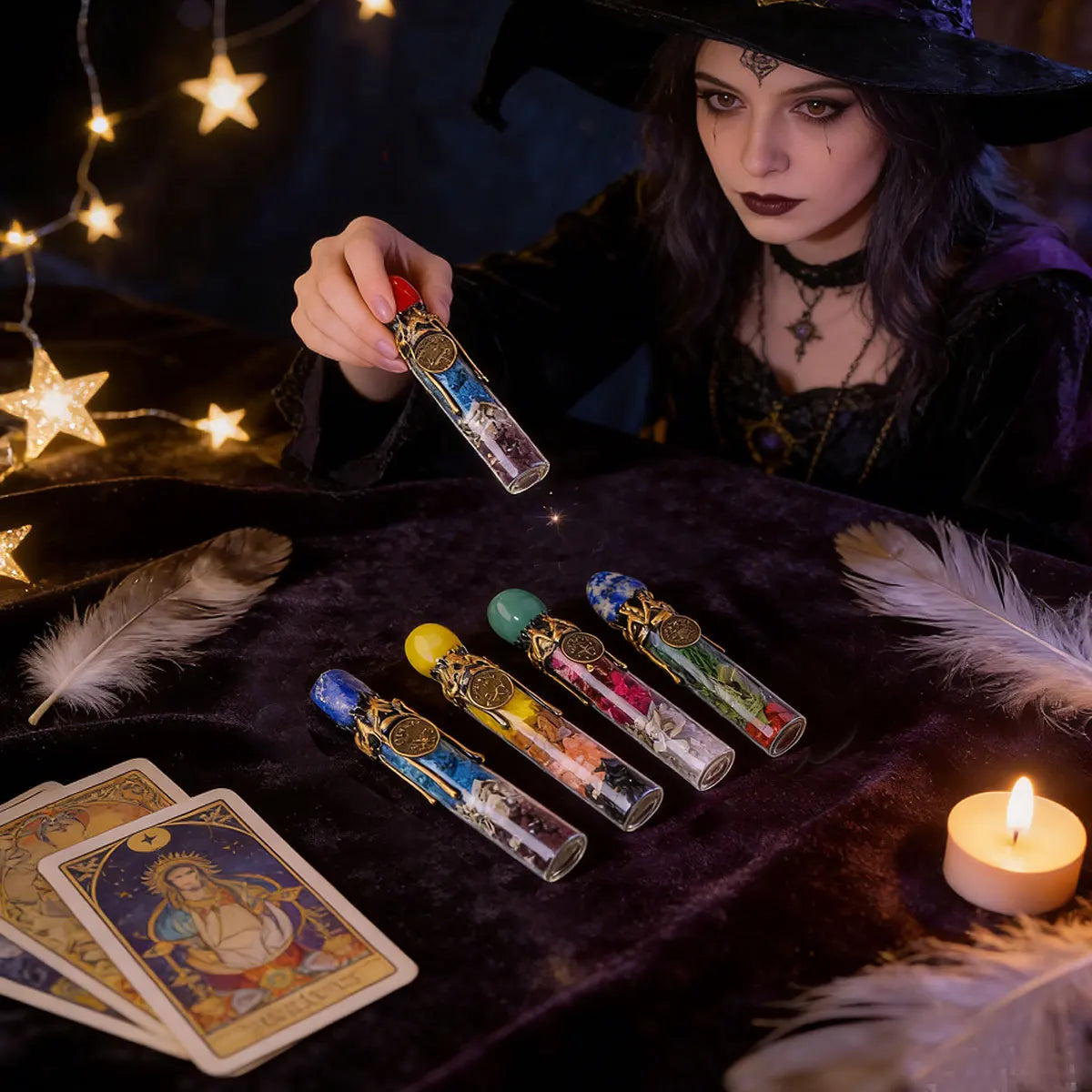 A dark-haired woman holds a glass bottle filled with crystals and healing stones on a velvet surface.
