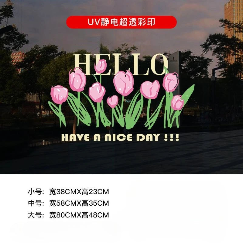 Pink tulip window decals with UV printing on a dark background
