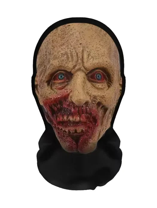 A mask resembling a grotesque, aged face with red markings and blue eyes, used for party cosplay.