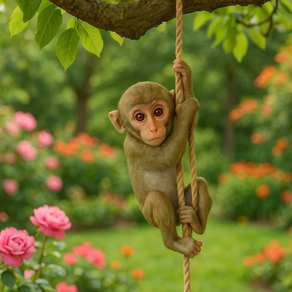 A small monkey figurine is hanging from a branch in a lush garden setting.