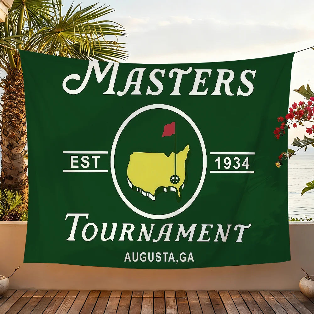 Tapiz banner verde oscuro con el texto Masters Est 1934 Tournament Augusta GA