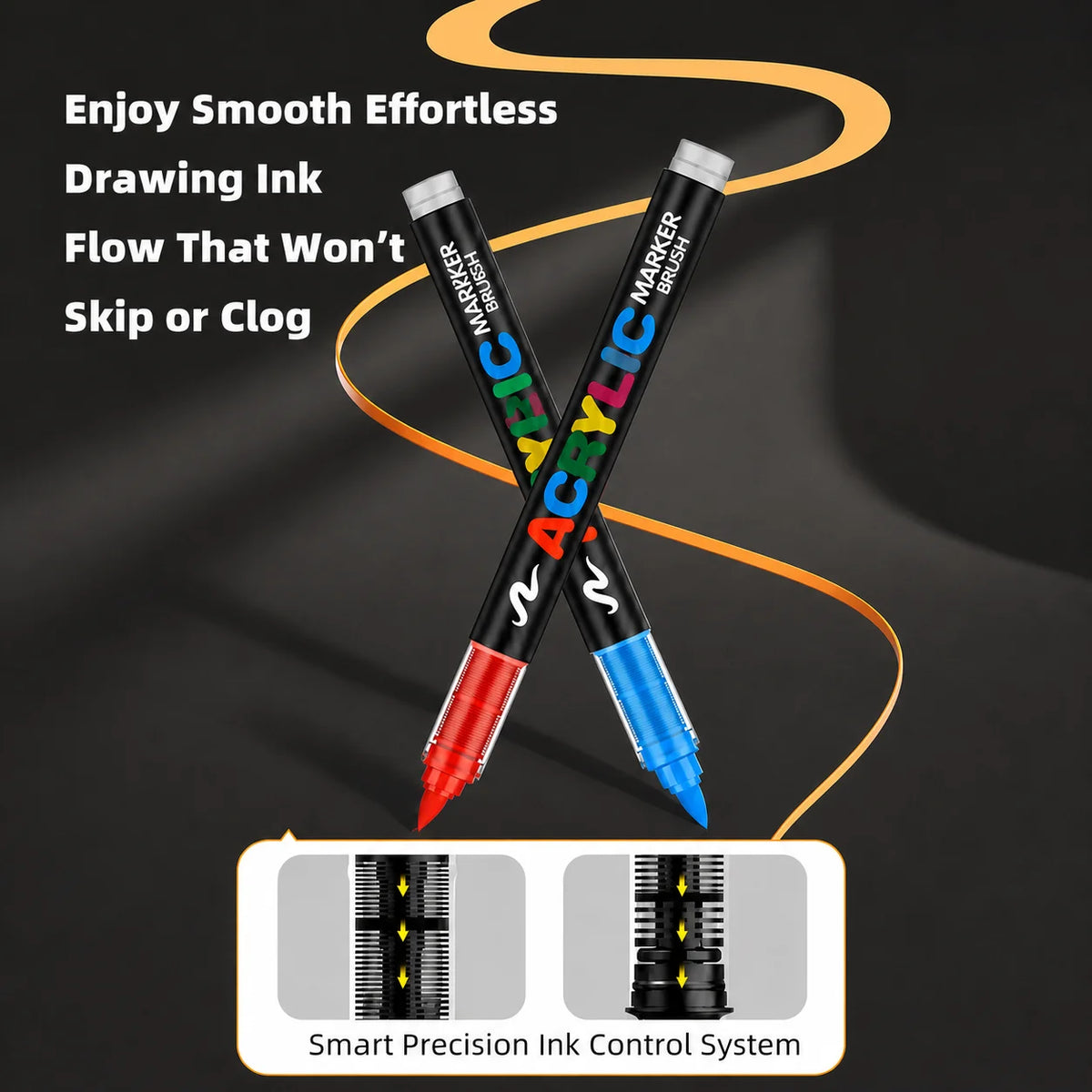 A set of two black acrylic paint markers with brush tips shown diagonally against a dark background.