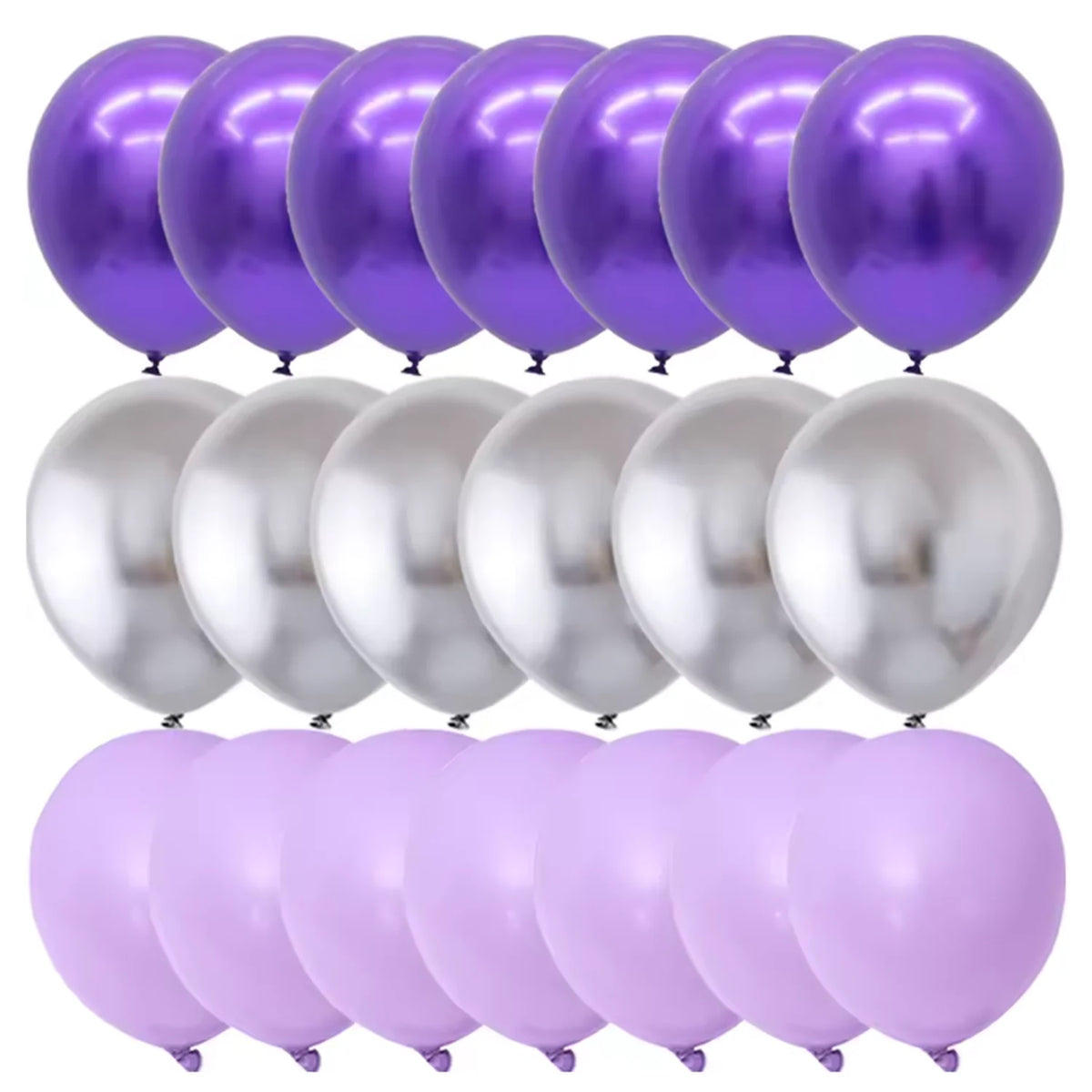 A pack of 40 matte latex balloons in silver, white, and purple colors.
