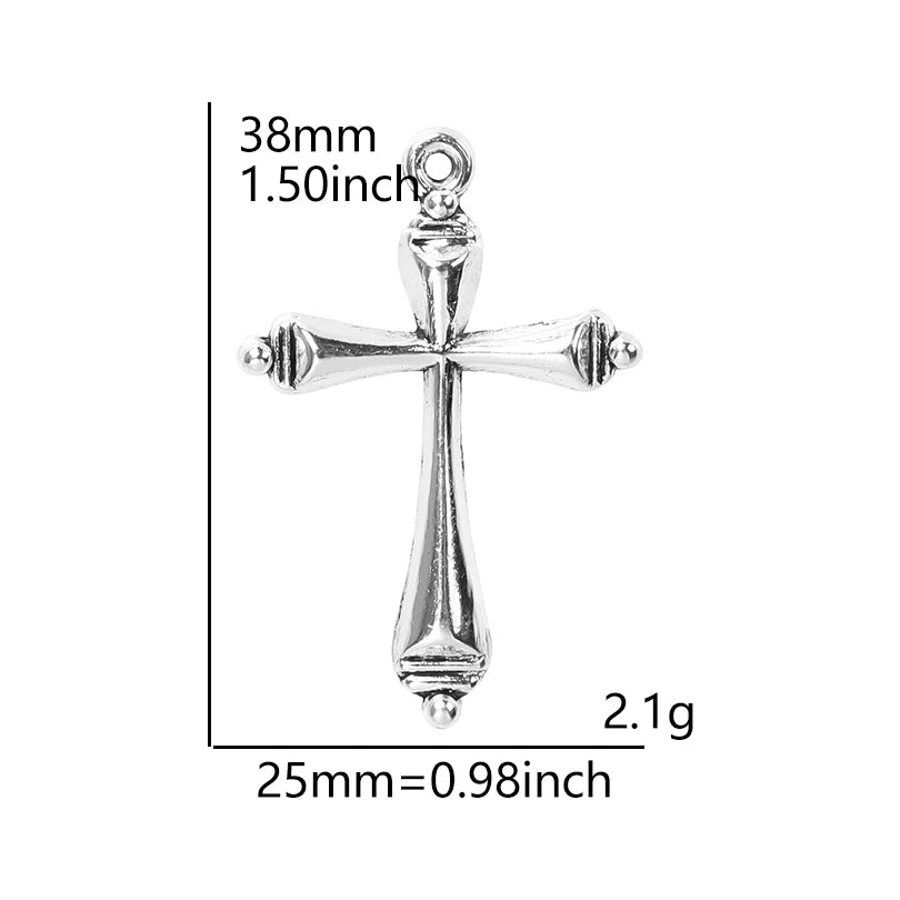 A silver cross charm measuring 38mm, weighing 2.1g, used for jewelry making.
