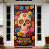 A vibrant sugar skull Dia de los Muertos door cover featuring colorful flowers and papel picado designs.