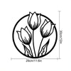 A black line drawing of three stylized tulips inside a circular frame.