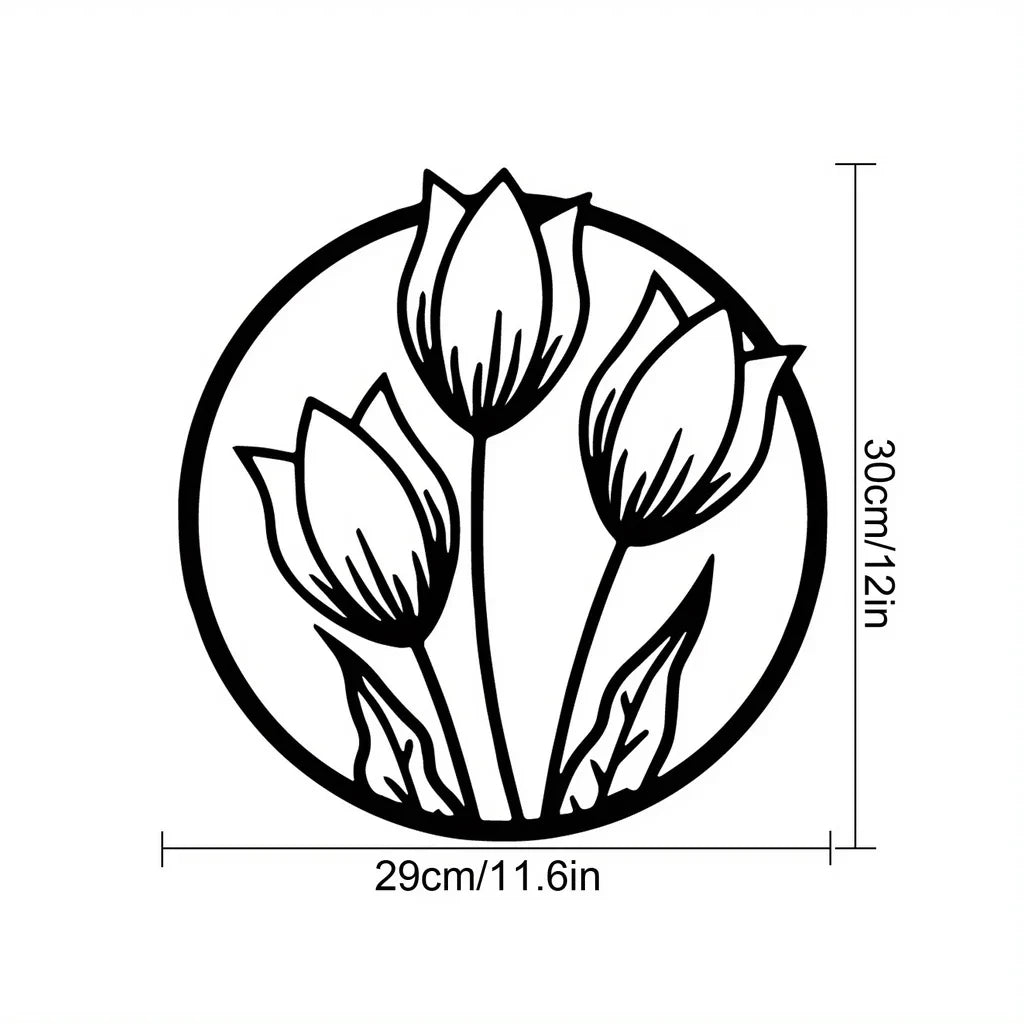 A black line drawing of three stylized tulips inside a circular frame.