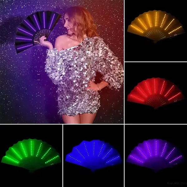 A woman posing with a sparkly silver dress, surrounded by various glowing LED folding fans in different colors.
