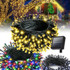 A collection of solar powered outdoor fairy string lights in various colors and modes displayed against a dark, festive backg