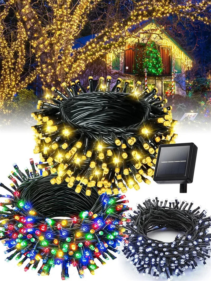 A collection of solar powered outdoor fairy string lights in various colors and modes displayed against a dark, festive backg