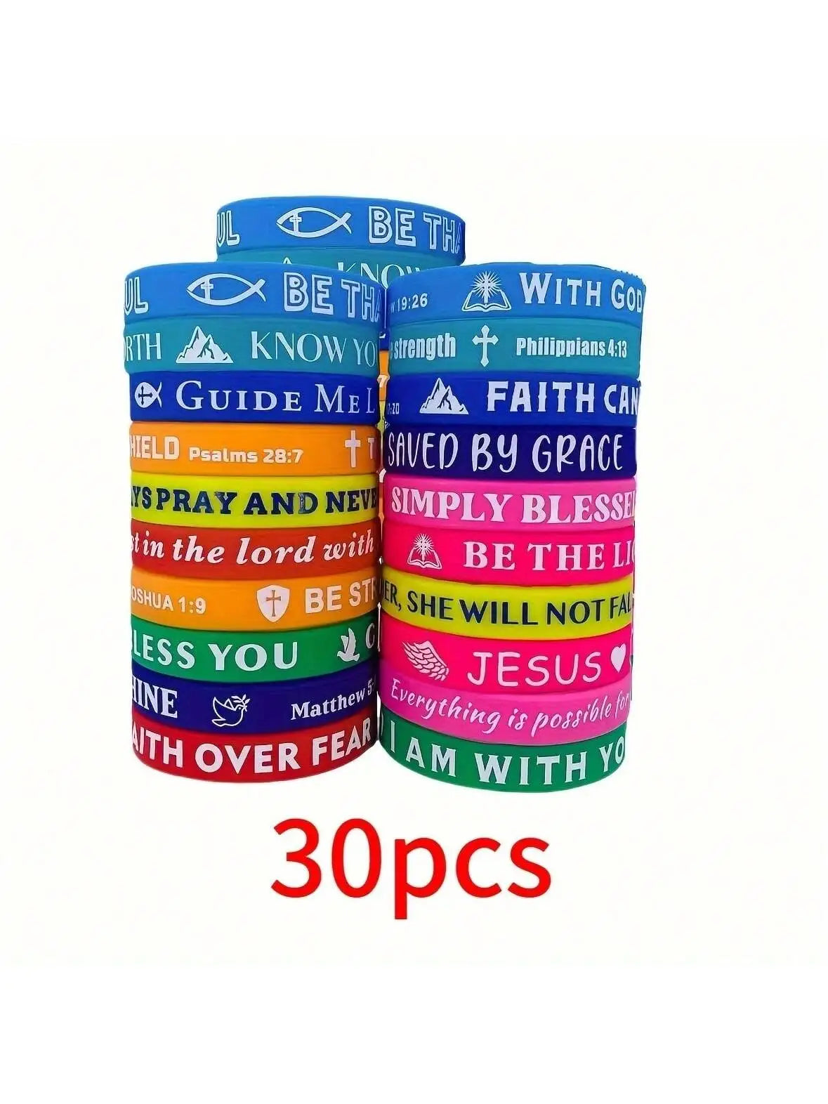 A set of two inspirational Bible verse silicone bracelets in various colors and designs.