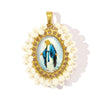 Gold-toned charm pendant featuring a depiction of the Virgin Mary surrounded by white beads.